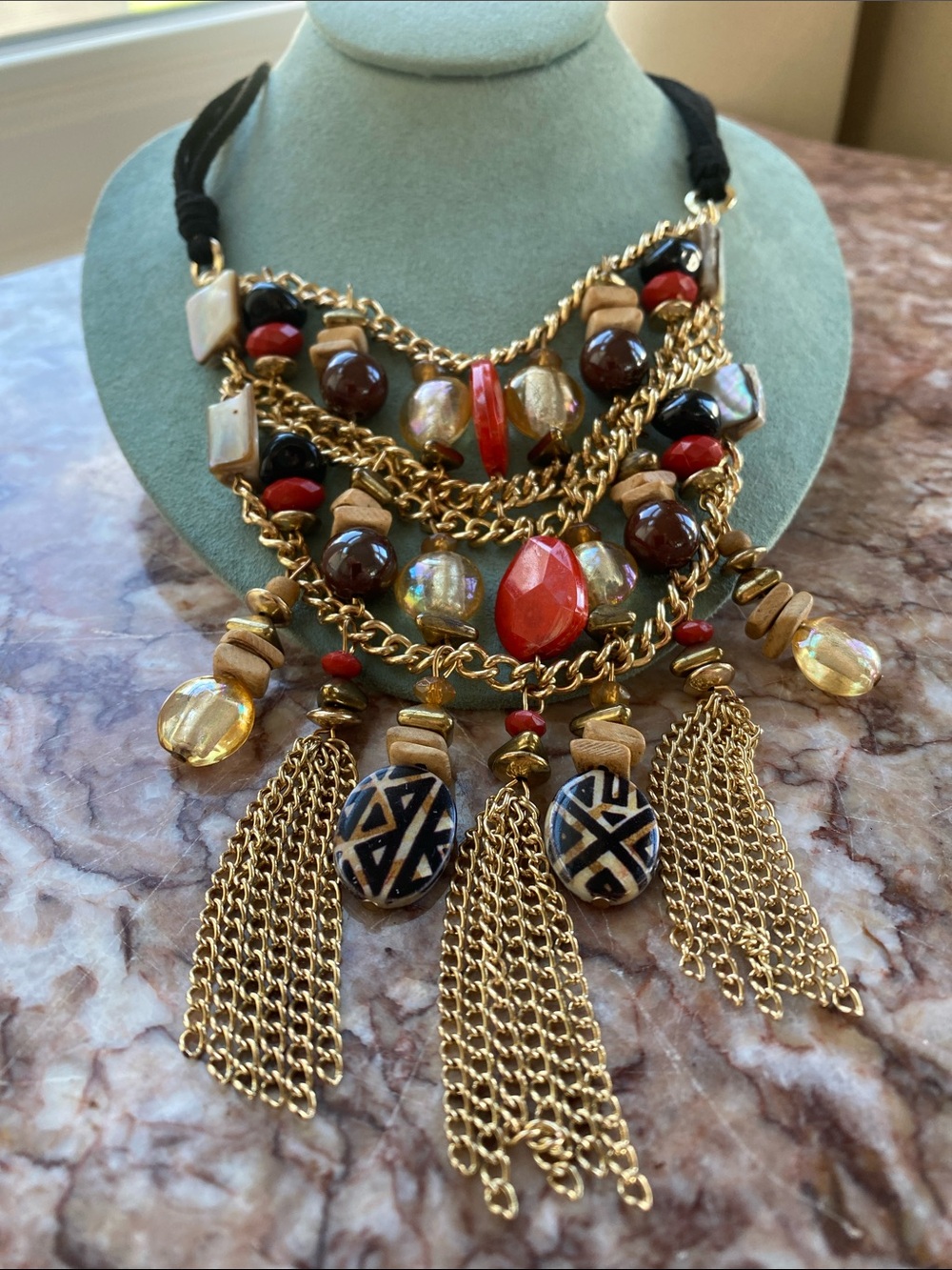 Statement Multistrand Necklace with Red, Gold and Brown Accents